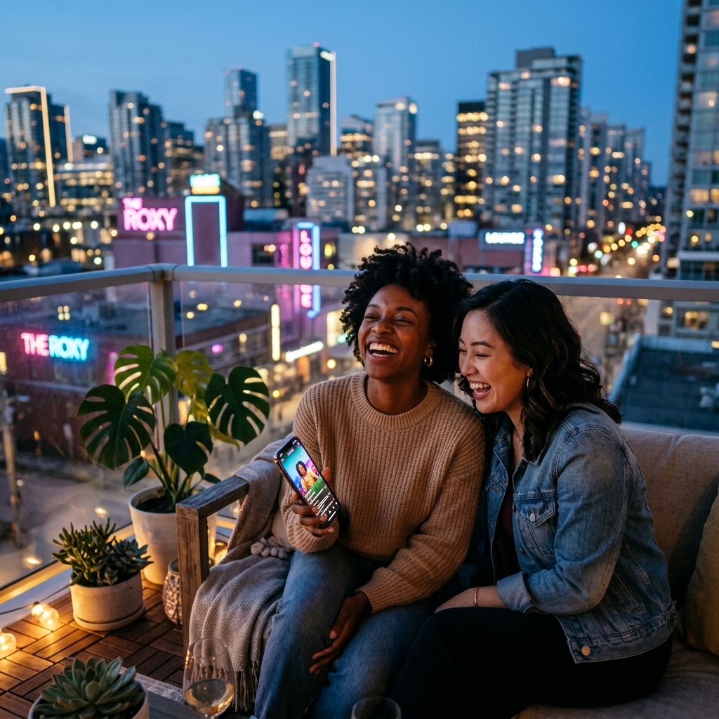 Friends sharing a moment through technology